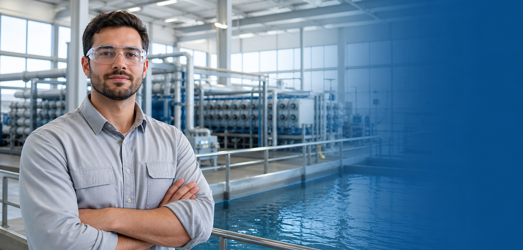 Engineer standing inside a modern water treatment facility